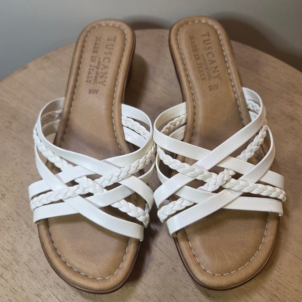 Tuscany by Easy Street White Braided Strappy Wedge Slide Sandals Italy 9W